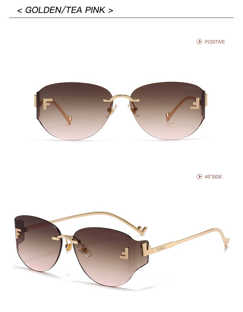 Fendi Rimless Oval Gradient Tea Pink Sunglasses Gold Metal Frame Rhinestone FF Logo UV400 Luxury Shades for Women Driving Travel - Image 2
