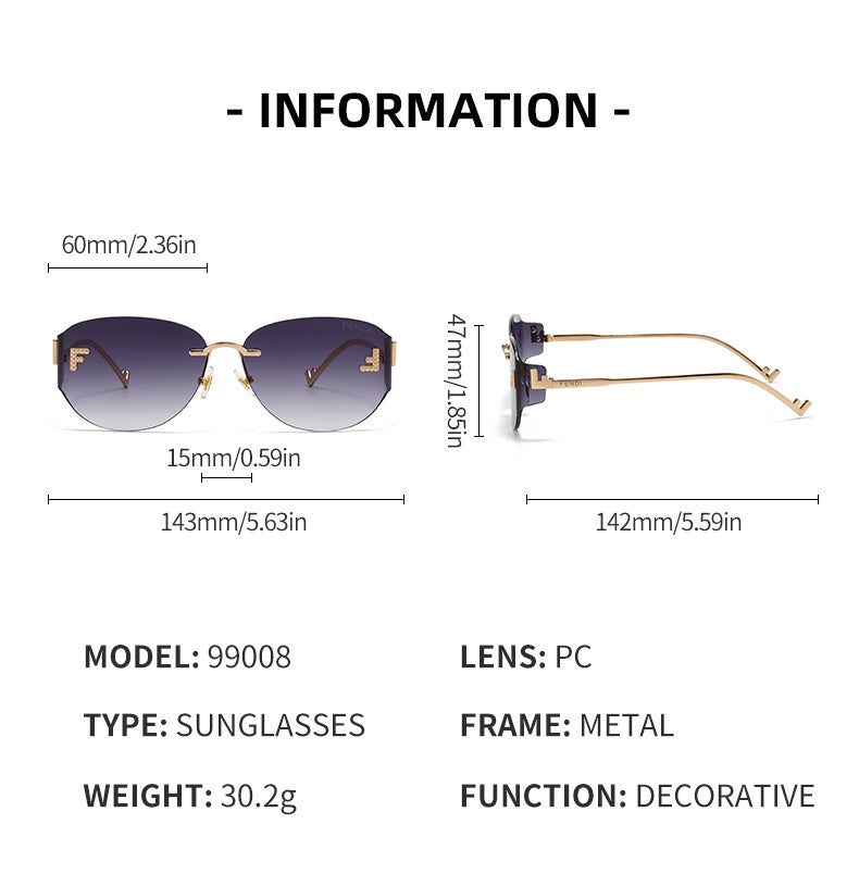 Fendi Rimless Oval Gradient Tea Pink Sunglasses Gold Metal Frame Rhinestone FF Logo UV400 Luxury Shades for Women Driving Travel - Image 4