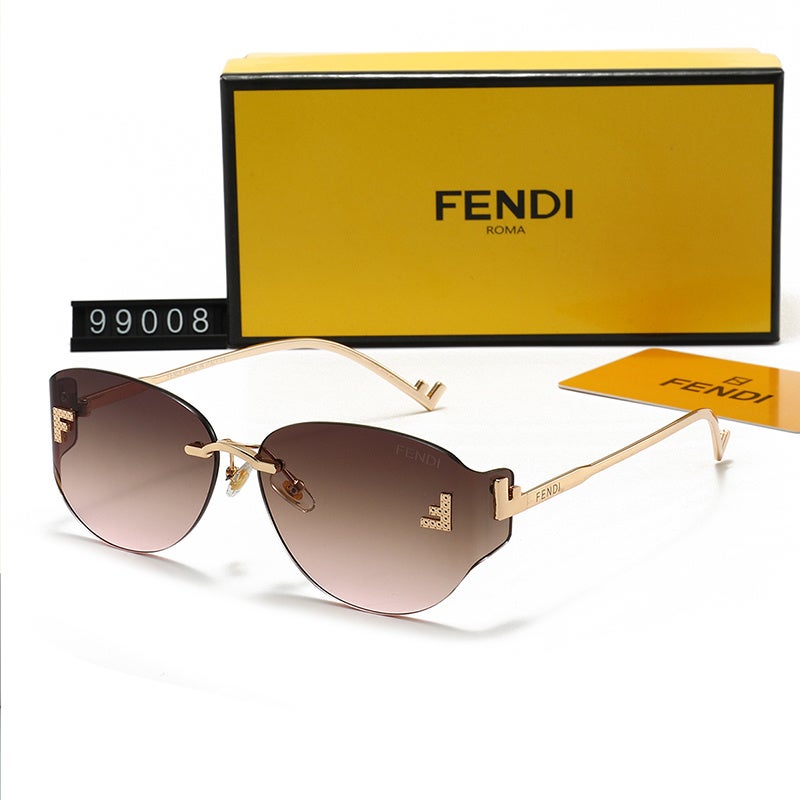 Fendi Rimless Oval Gradient Tea Pink Sunglasses Gold Metal Frame Rhinestone FF Logo UV400 Luxury Shades for Women Driving Travel - Image 1