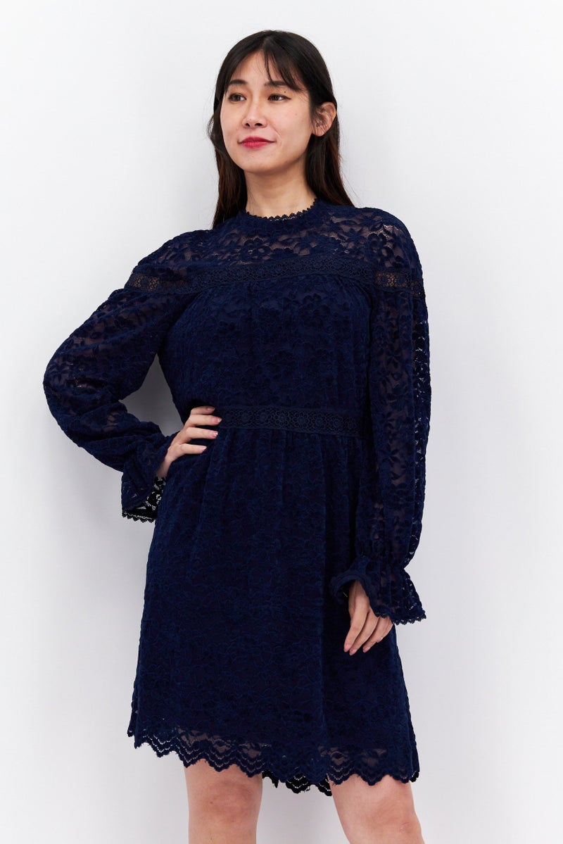 Tahari by Arthur S Levine Women Velvet Lace Trim Short Sleeve Shift Dress, Navy - Image 1