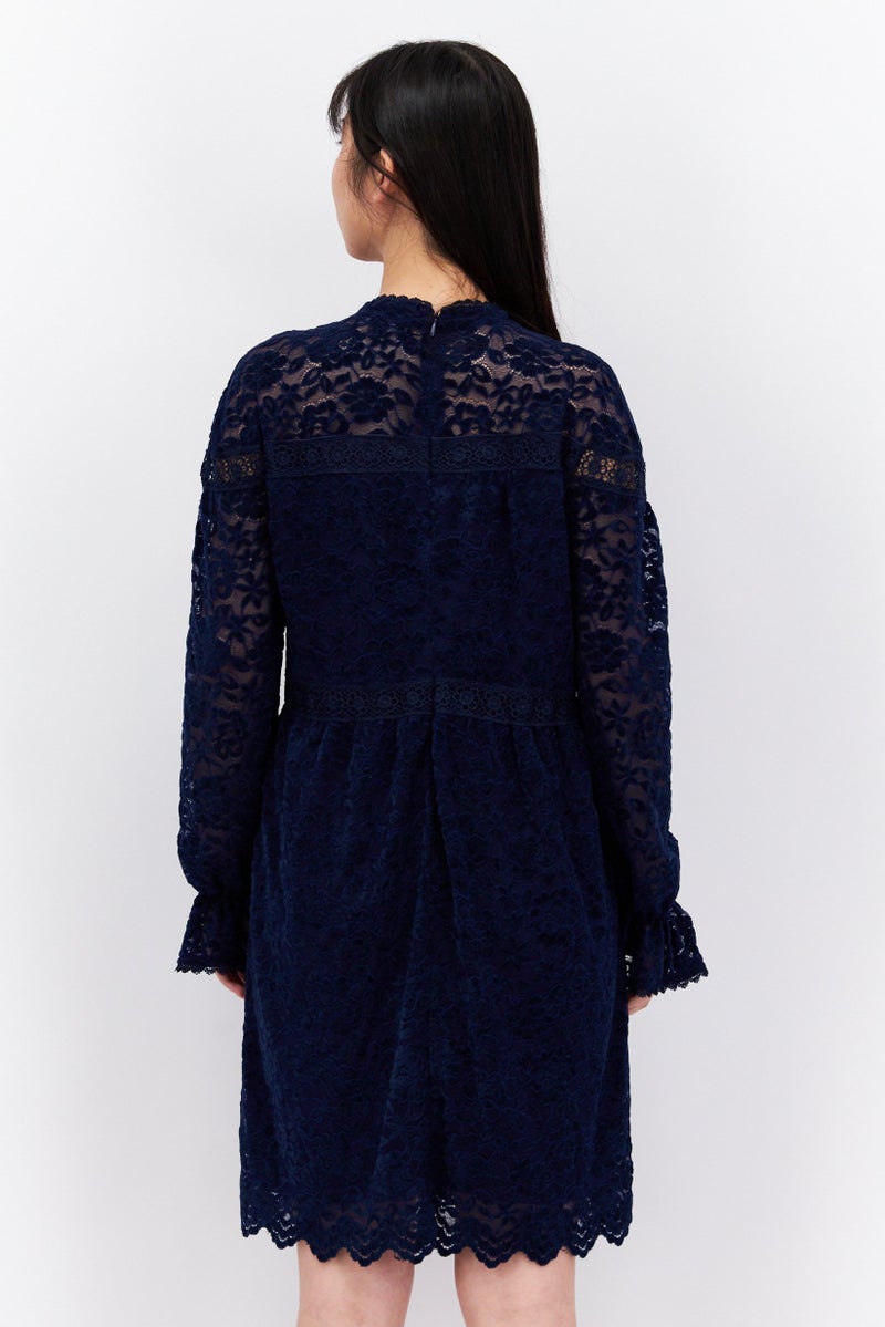 Tahari by Arthur S Levine Women Velvet Lace Trim Short Sleeve Shift Dress, Navy - Image 4