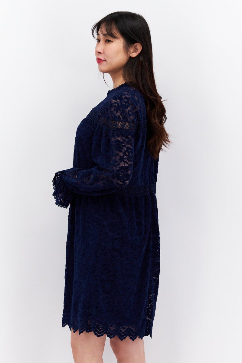 Tahari by Arthur S Levine Women Velvet Lace Trim Short Sleeve Shift Dress, Navy - Image 2