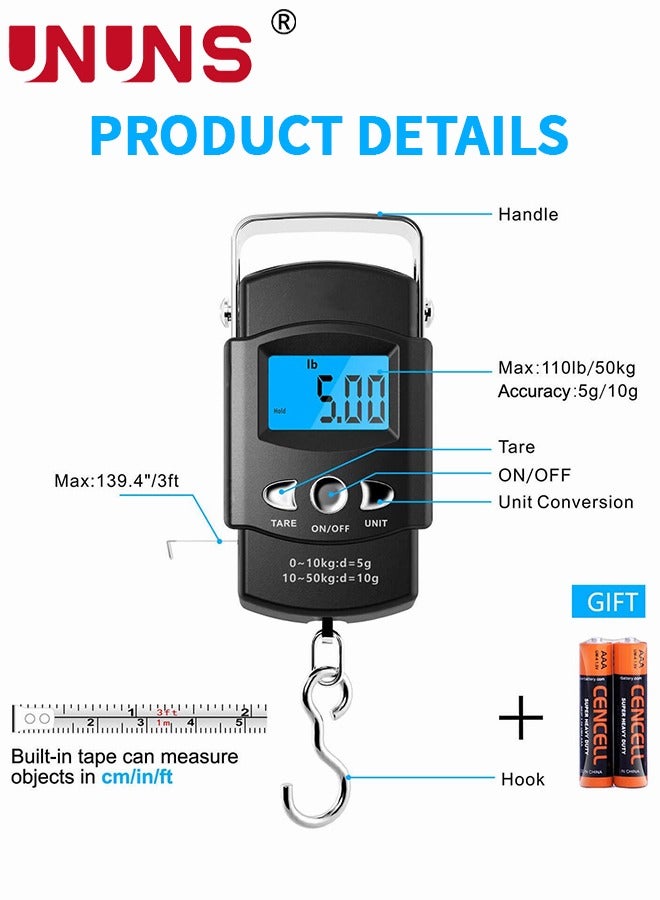 UNUNS ميزان رقمي 50 كجم/110 رطل، ميزان سمك رقمي، ميزان إلكتروني مع خطاف تعليق، شاشة LCD مضاءة خلفياً لقياس الوزن، ميزان حقيبة سفر محمول، ميزان أمتعة مع خطاف/متر قياس - Image 2