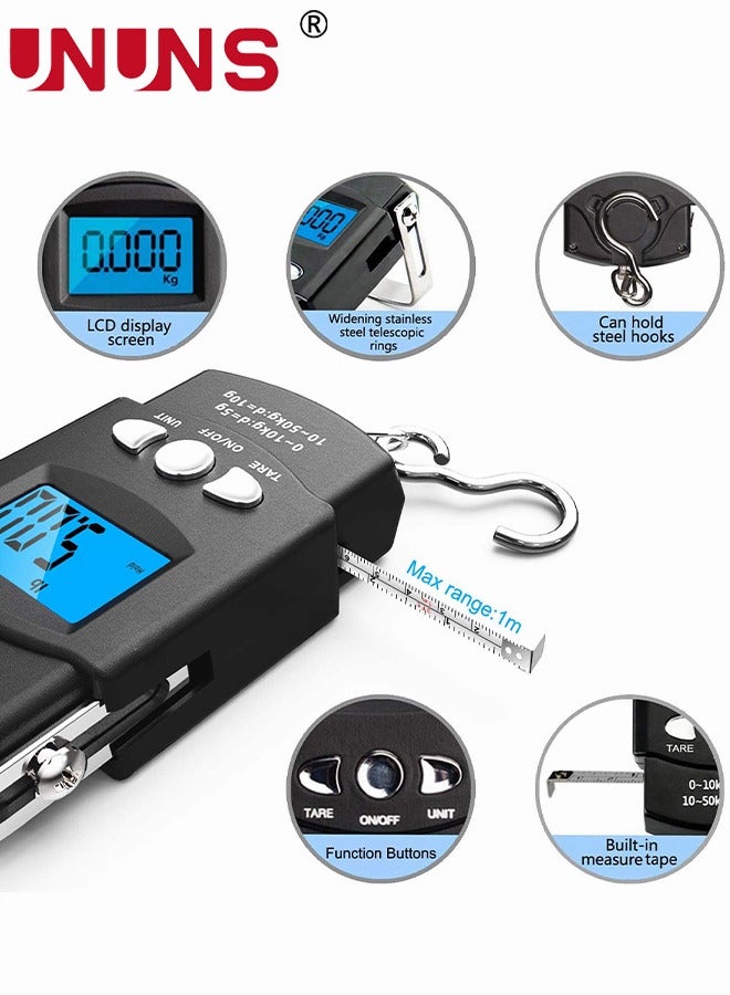 UNUNS ميزان رقمي 50 كجم/110 رطل، ميزان سمك رقمي، ميزان إلكتروني مع خطاف تعليق، شاشة LCD مضاءة خلفياً لقياس الوزن، ميزان حقيبة سفر محمول، ميزان أمتعة مع خطاف/متر قياس - Image 3