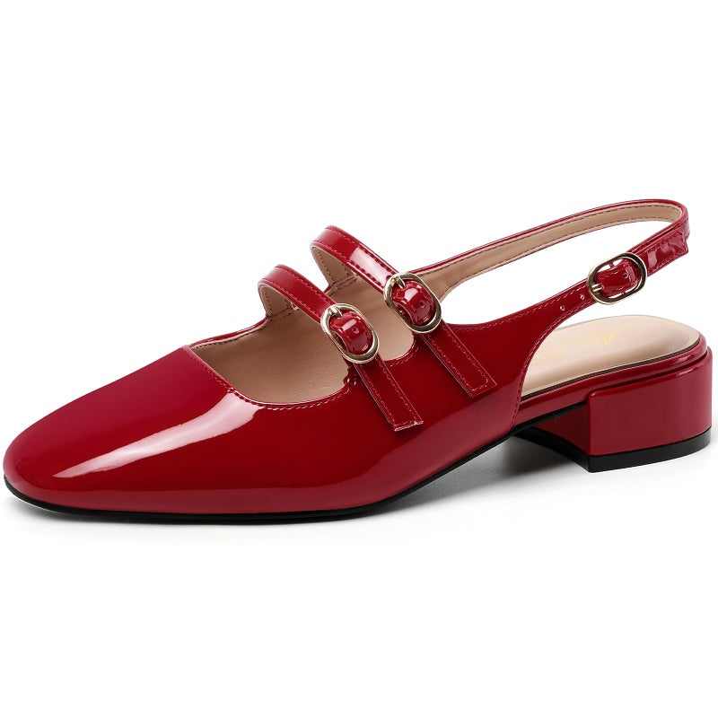 Mostrin Red Mary Jane Shoes Women Slingback Chunky Low Heels for Women Closed Rounded Toe Ankle Strap Pumps Daily Wedding Party Dress Shoes Size 9 - Image 1