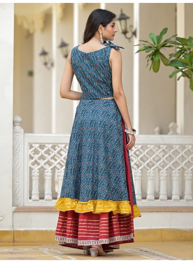 AKS Indigo Lehenga Choli with Multicolor Ruffles  - Image 4