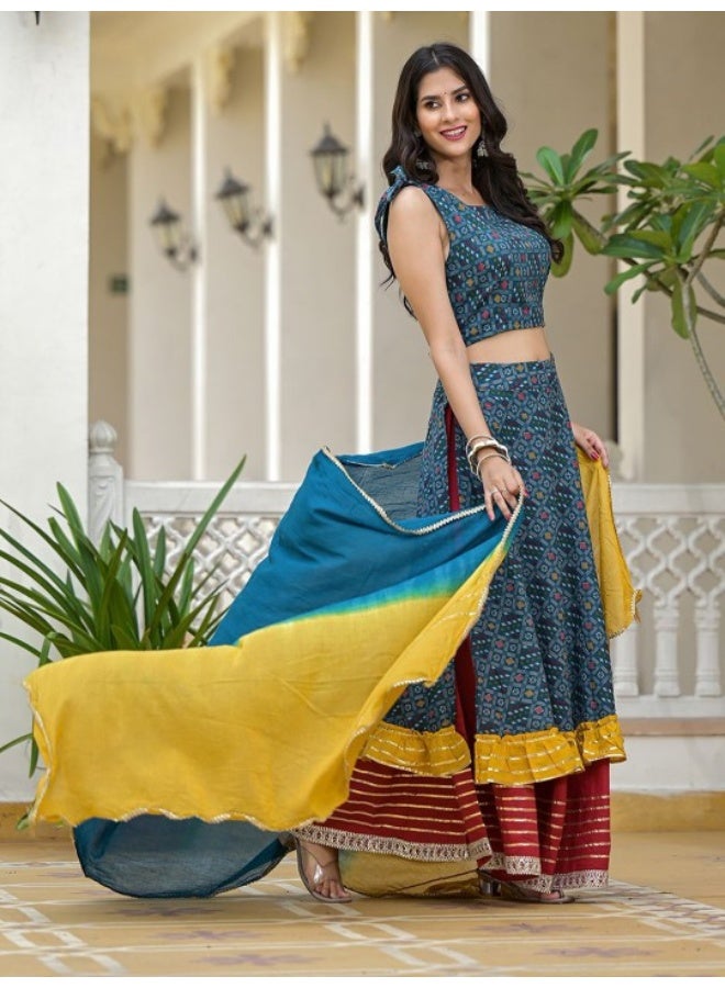 AKS Indigo Lehenga Choli with Multicolor Ruffles  - Image 3