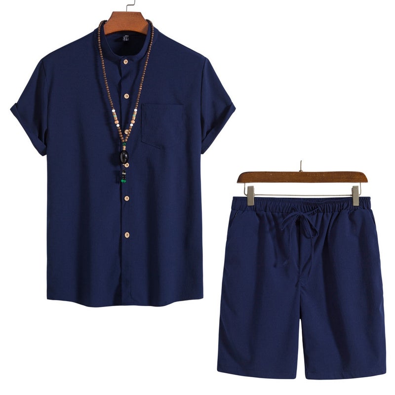 2023 summer mens Chinese style short sleeve retro shirt solid color beach pants shorts suit Navy blue