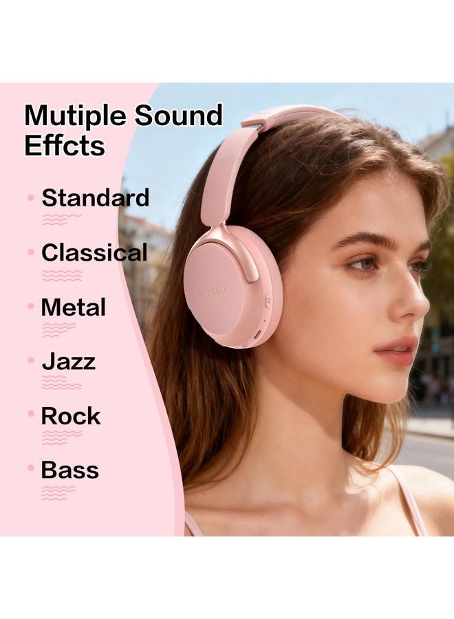 RORSOU B8 Bluetooth Headphones Over Ear, 6 EQ Music Modes and 50H Playtime Deep Bass Wireless Headphones with Mic, Lightweight Folding HiFi Stereo Headset for iPad/Travel/Tablet/PC/Home Pink - Image 4