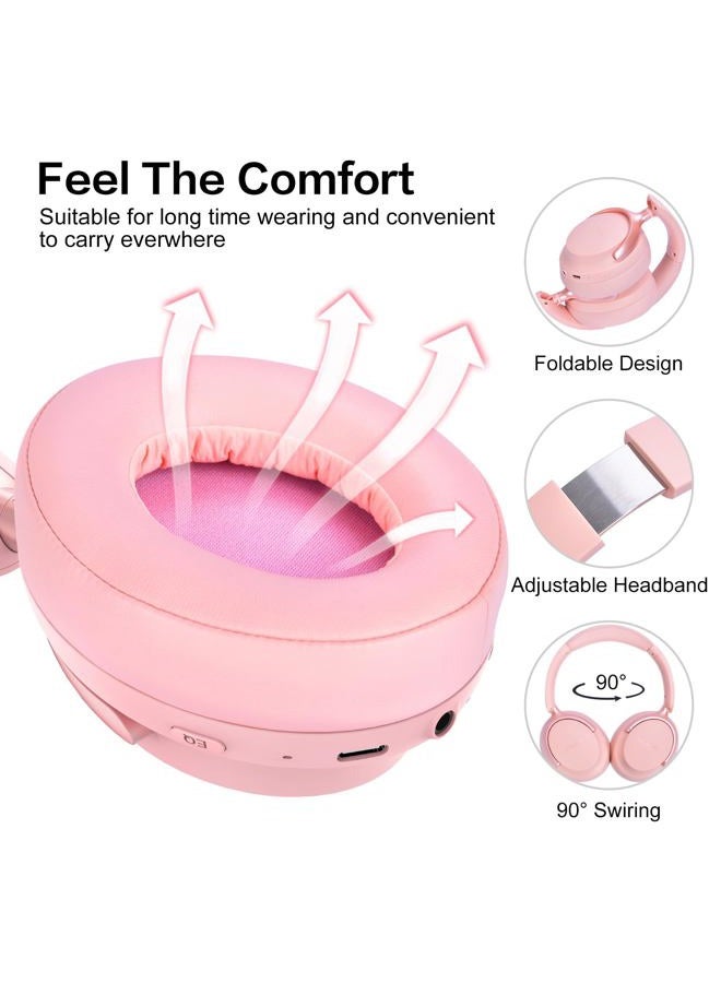 RORSOU B8 Bluetooth Headphones Over Ear, 6 EQ Music Modes and 50H Playtime Deep Bass Wireless Headphones with Mic, Lightweight Folding HiFi Stereo Headset for iPad/Travel/Tablet/PC/Home Pink - Image 3