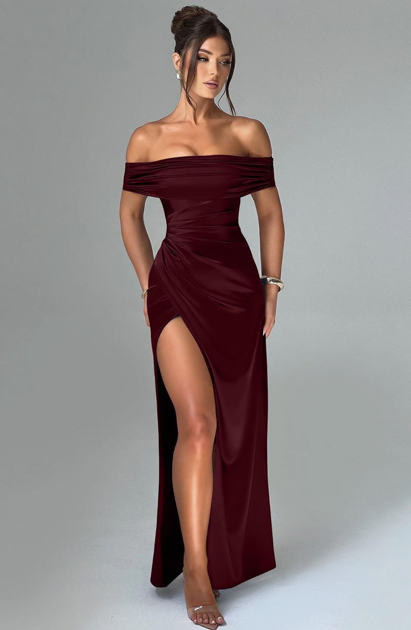 Memoriesea Women's Elegant Off Shoulder High Split Bodycon Evening Wedding Maxi Dress Burgundy - Image 2