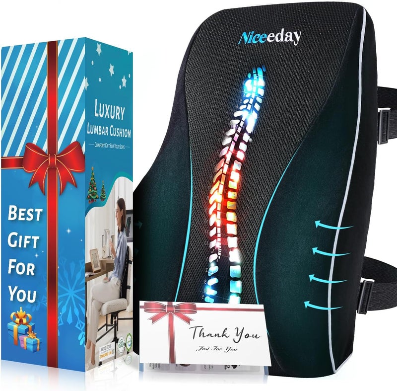 Niceeday Lumbar Support Pillow for Office Chair Car, Gaming Chair Lower Back Pain Relief Memory Foam Cushion with Greeting Card,3D Mesh Cover Ergonomic Back Rest, Birthday Gift for Dad,Stocking Stuffers - Image 1
