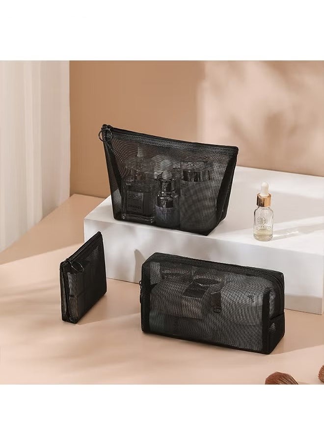 3 Pieces Mesh Cosmetic Bag, Makeup Bags, Zipper Pouch for Offices Travel Accessories, 3 Sizes (Black)