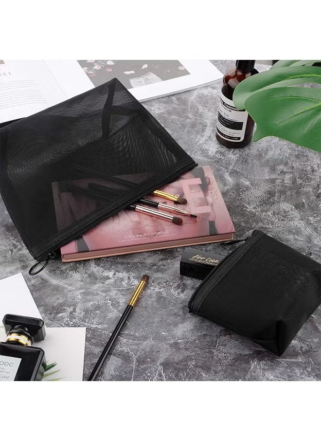 3 Pieces Mesh Cosmetic Bag, Makeup Bags, Zipper Pouch for Offices Travel Accessories, 3 Sizes (Black)