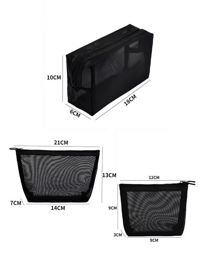 3 Pieces Mesh Cosmetic Bag, Makeup Bags, Zipper Pouch for Offices Travel Accessories, 3 Sizes (Black)