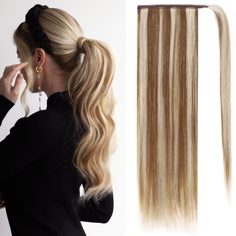 Ponytail Extension Human Hair 100 Real Remy Human Hair Wrap Around Ponytail Long Straight Ponytail Hairpiece Pony Tails Hair Extensions 18inch P10613Dark Brown and Bleach Blonde
