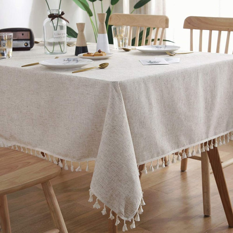 AMZALI AMZALI Cotton Linen Fabric Tassel Round Tablecloth DustProof Table Cover for Kitchen Dinning Tabletop Home Decoration 60 Inch Linen 