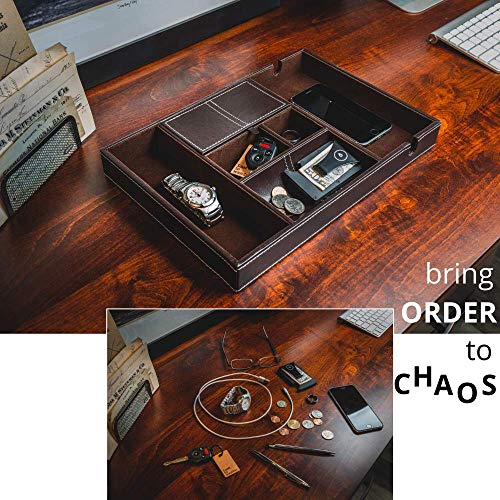 ULTRAY Nightstand Organizer, Valet Tray for Men and Women, EDC Tray, Dresser Top Catchall, Dark Brown Faux Leather, 6 Compartments - Image 5