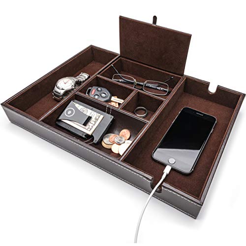ULTRAY Nightstand Organizer, Valet Tray for Men and Women, EDC Tray, Dresser Top Catchall, Dark Brown Faux Leather, 6 Compartments - Image 1