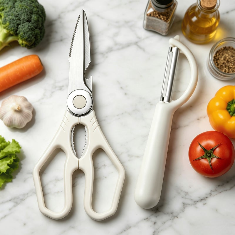 Multi-functional Kitchen Scissors and Milk White Melon Peeler Kitchen Gadgets Set Chicken Bone Shears Fish Scale Scraper Nutcracker Essential Tools for Home Restaurant Catering - Image 1