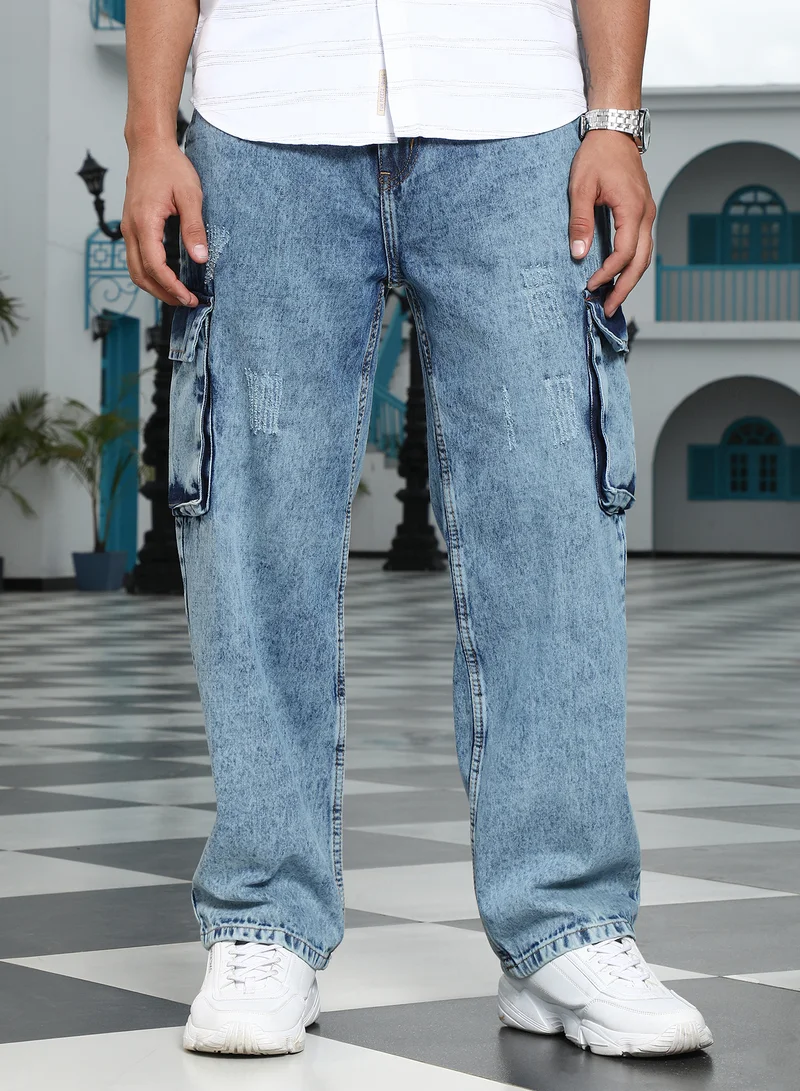 كامبوس سوترا Campus Sutra Men's Navy Blue Light-Distressed Utility Denim Jeans | Mid-Rise , Straight Hem , Button Closure , Relaxed-Fit | Solid Denim | Cotton Jeans For Casual Wear