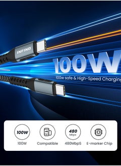 infino 100W USB-C to USB-C Cable [2-Pack, 6.6FT] - Fast Charging PD 5A E-Marker for iPhone, MacBook, iPad Pro, Samsung, and Type-C Devices - Black  - Image 2