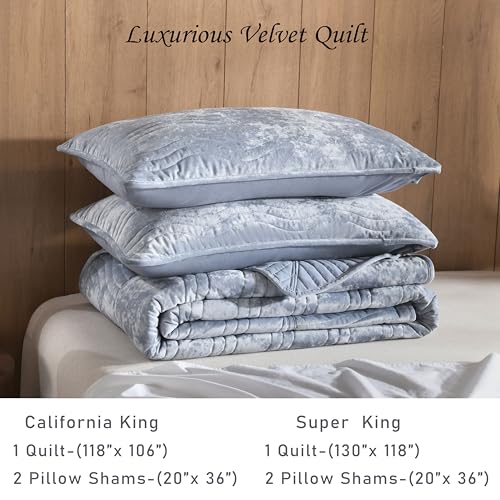 AJOCCI Velvet Super King Size Quilt, Extra-Large Comforter Set Light Blue Bedding Set (130”*118”) with 2 Pillow Shams, Luxurious Quilt Set,All-Season 3 Pieces - Image 5