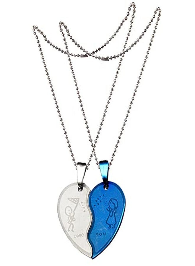 Sullery New 2 pcs Couple Heart Choker Party Engraving Love You for Friendship Gift (2 Pieces - his and her) Silver and Blue Stainless Steel Necklace Chain for Men and Women - Image 1