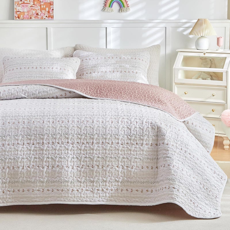 Joyreap 2 Pieces Cotton Quilt Set for Girls, Twin Size Purple n Pink Flowers Violet Floral Design, Cozy Lightweight Quilt Bedspread Bed Cover for All Season- 68x86 inches - Image 3