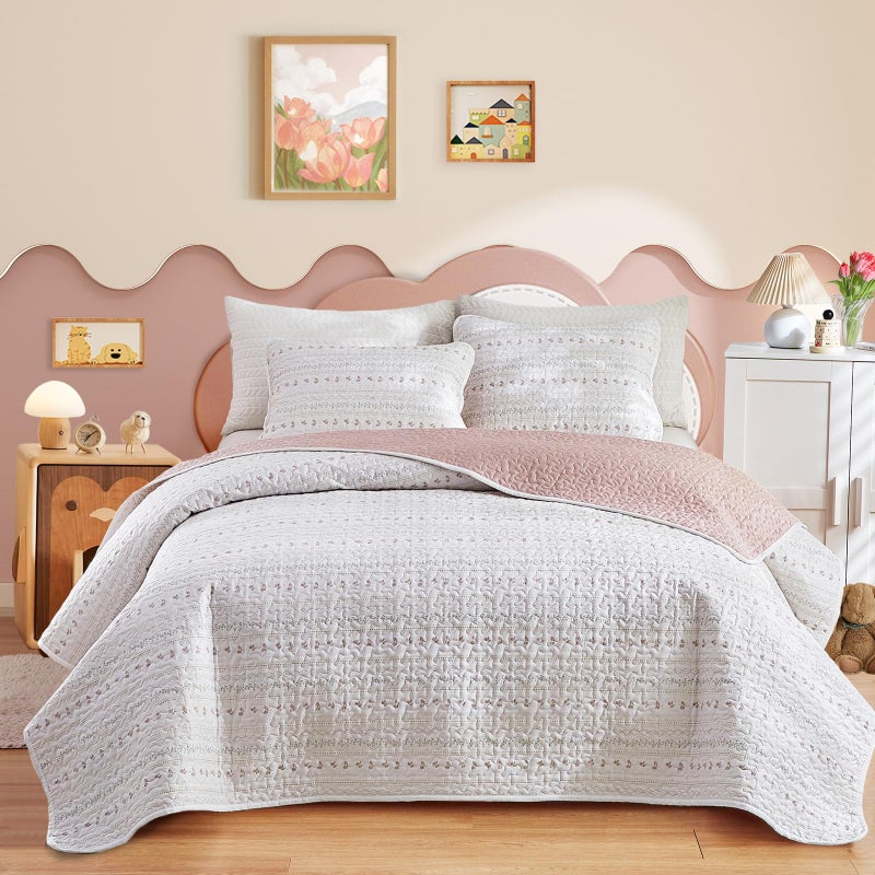 Joyreap 2 Pieces Cotton Quilt Set for Girls, Twin Size Purple n Pink Flowers Violet Floral Design, Cozy Lightweight Quilt Bedspread Bed Cover for All Season- 68x86 inches - Image 1