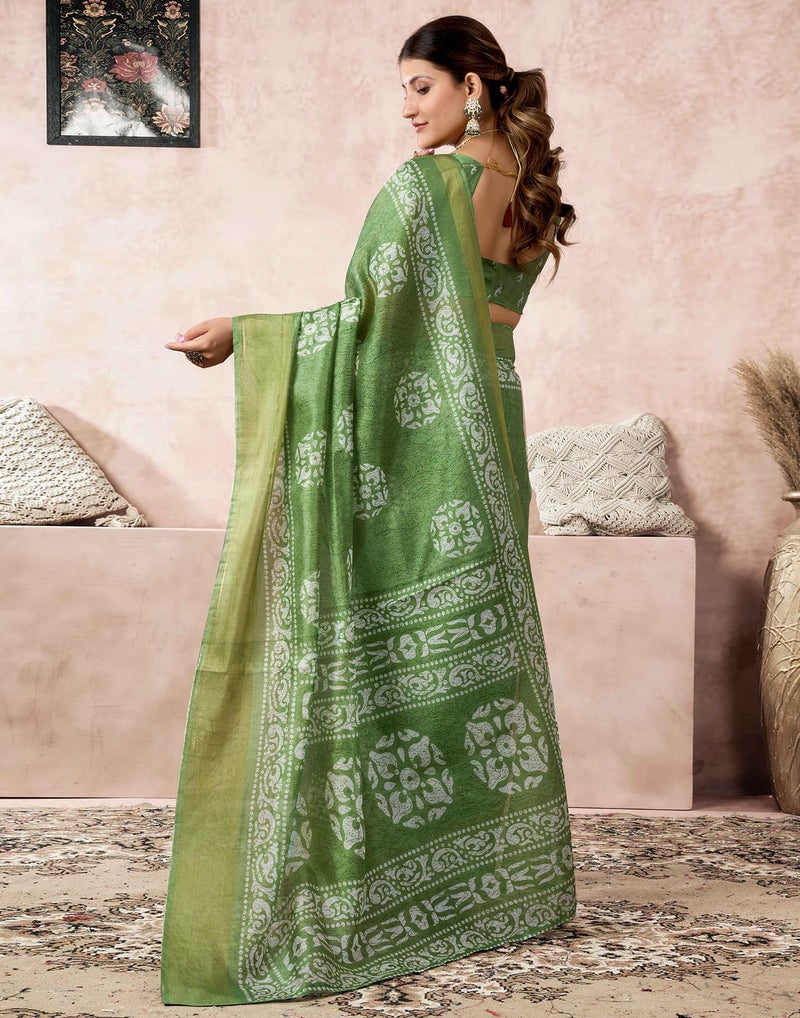 SIRIL ساري نسائي من مزيج القطن مطبوع مع قطعة بلوزة غير مخيطة (4420S201_أخضر فاتح) - Image 4