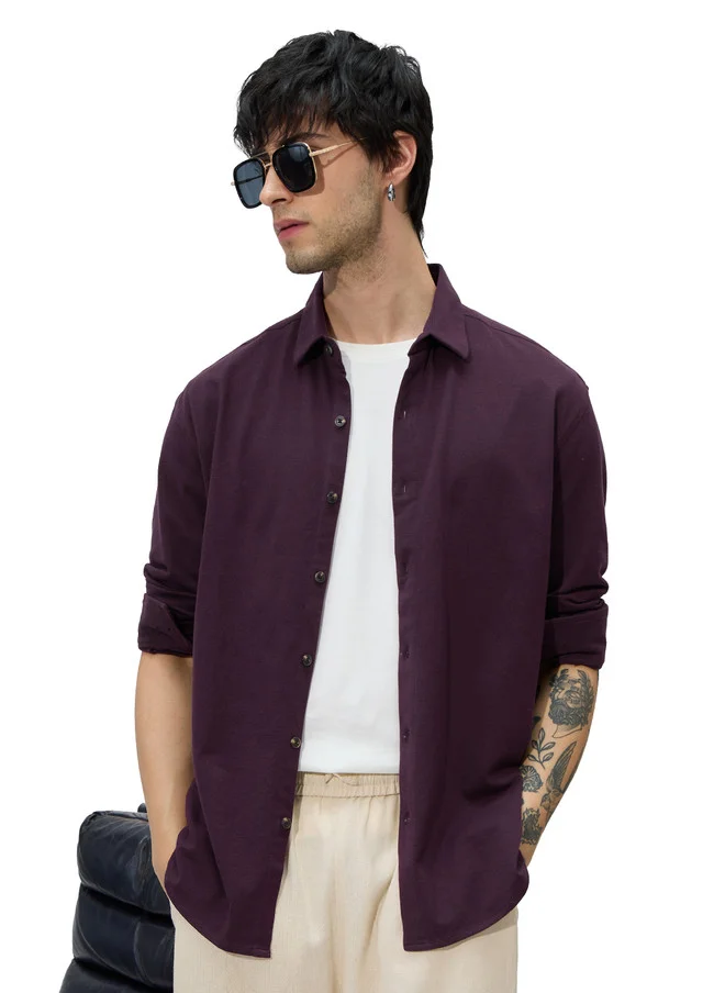 ذا سوليد ستور The Souled Store Men Mulberry Solid Purple Regular Fit Textured Shirt