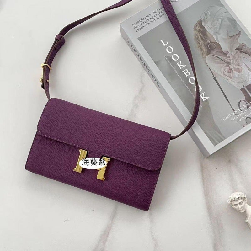 Bag 2024 New Trendy High-end Sense Fashion Shoulder Crossbody Bag Genuine Leather H-buckle Kangkang Bag Flight Sister Bag Wallet for Women sea anemone purple 