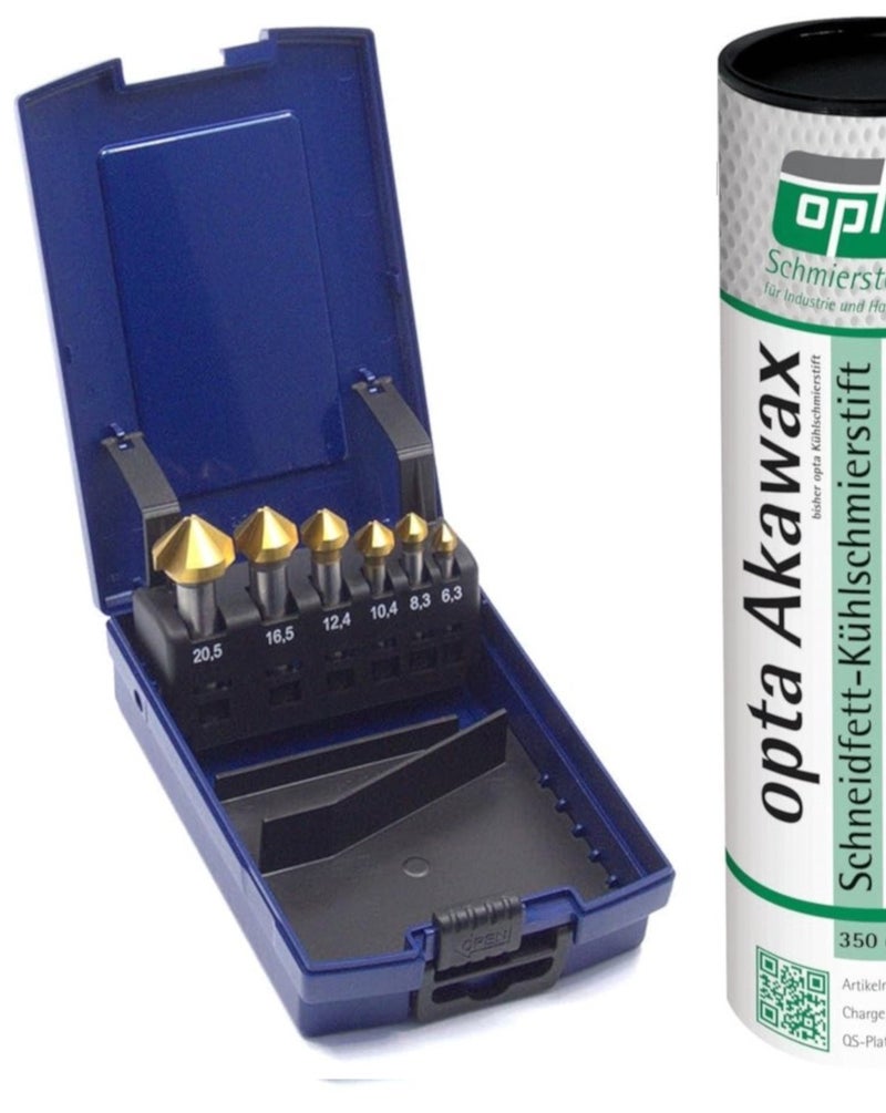 WSH-Tools.de Countersink Set 6 pieces HSS-E 90° TiN coated V-Flute in rose box including cutting grease - Image 1