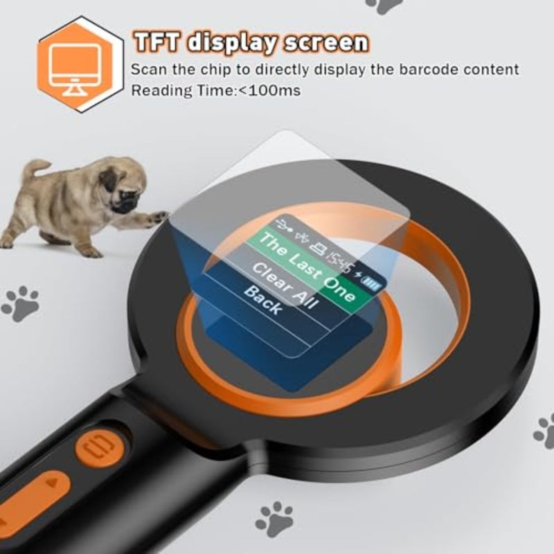 ماسح ضوئي لرقاقة الحيوانات الأليفة، ماسح ضوئي لقارئ شرائح RFID EMID الصغير، 134.2 كيلو هرتز 125 كيلو هرتز 15 رقمًا، ماسح ضوئي لبطاقة تعريف الحيوانات الأليفة، مع شاشة TFT 1.44 بوصة ووظيفة حذف بيانات التاريخ، للكلاب/الحيوانات الأليفة/القطط/الحيوانات - Image 2