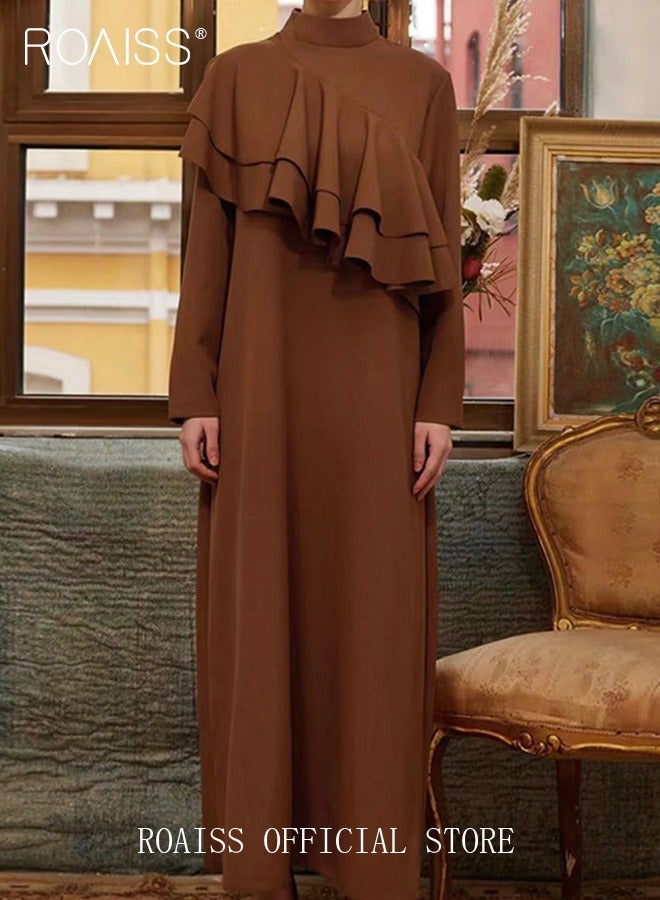 رويس فستان نسائي طويل الأكمام بياقة ثابتة بلون سادة فستان مزين بكشكشة  - Image 2