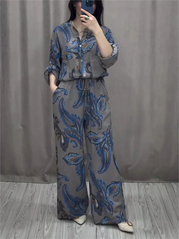 3D Digital Print Fashion Womens Long-Sleeve Shirt Pants Set Grey  - Image 1