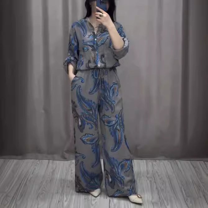 3D Digital Print Fashion Womens Long-Sleeve Shirt Pants Set Grey  - Image 3