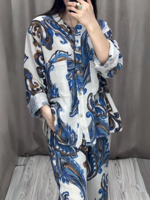 3D Digital Print Fashion Womens Long-Sleeve Shirt Pants Set Grey  - Image 2