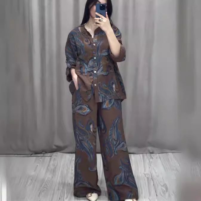 3D Digital Print Fashion Womens Long-Sleeve Shirt Pants Set Grey  - Image 5