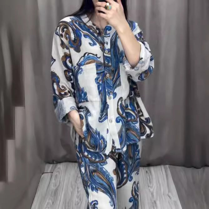 3D Digital Print Fashion Womens Long-Sleeve Shirt Pants Set Grey  - Image 4