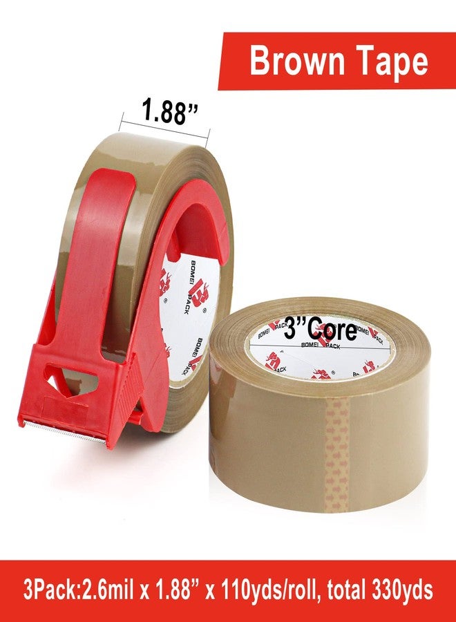 BOMEI PACK Heavy Duty Brown Packing Tape with Dispenser, 2.6 mil, 1.88 inch x 110 Yards (3 Pack), Total 330Y, Brown Tape Refills for Shipping, Mailing, Moving & Storage - Image 3