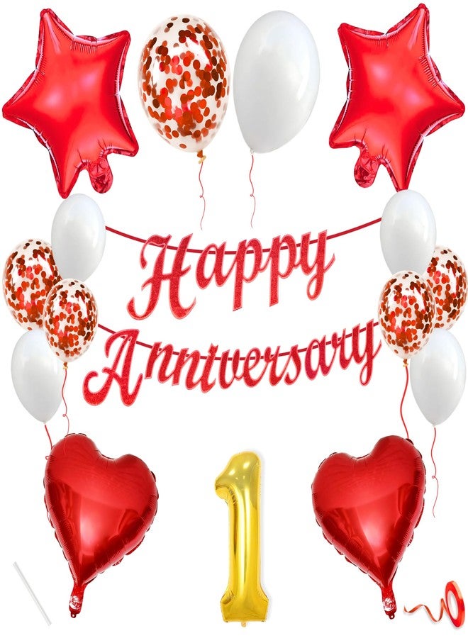 Flyloons طقم زينة الذكرى السنوية الأولى من فلاي لونز باللونين الأحمر والأبيض للرجال والنساء والزوج والزوجة، يتضمن 10 بالونات مليئة بالقصاصات الورقية، لافتة للذكرى السنوية، و4 قطع من مجموعة النجوم والقلوب. - Image 1