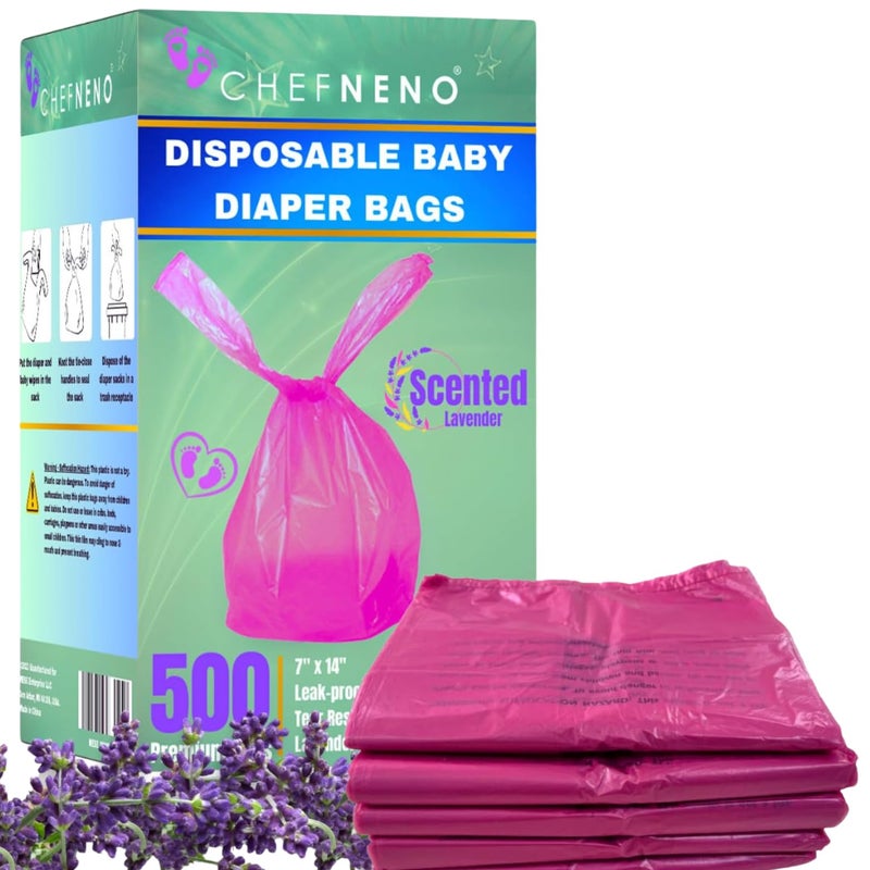 Baby Diaper Bag Disposable 500 Count Pink Fresh Lavender Scented Easy Tie Handles Scented Bulk Diaper Sacks Disposable Dog Poop Bags Cat Litter Clump Poop Bags Sanitary Pads Disposal 500 Bags