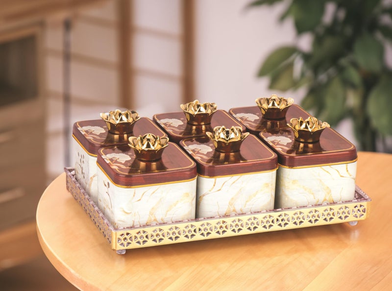 Nabhya Plastic Sparkle 6pc Airtight Dry Fruit Storage Container Set With Lid & Serving Tray, Serving Tray for Snacks, Cookies & Other Dry Foods (Pack Of 6) (White&Brown), 10X6X4 Cm - Image 2