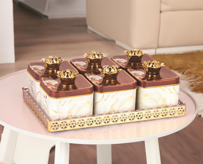 Nabhya Plastic Sparkle 6pc Airtight Dry Fruit Storage Container Set With Lid & Serving Tray, Serving Tray for Snacks, Cookies & Other Dry Foods (Pack Of 6) (White&Brown), 10X6X4 Cm - Image 5