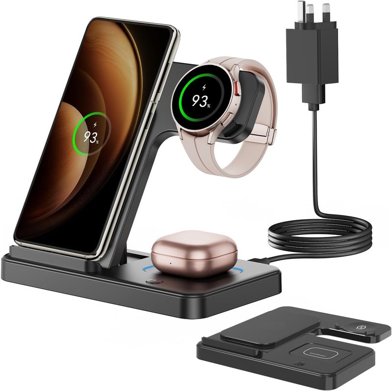 شاحن لاسلكي لسامسونج، محطة شحن لاسلكية قابلة للطي 3 في 1 لـ Samsung Galaxy S25 S24 Ultra Plus S23 S22 S21 S20، Z Flip/Fold 5 4 3، Watch 6 5 4 3 Active، Buds 3/2/Pro/Live - Image 1