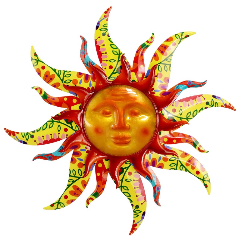 VinSees 19 Inch Metal Sun Wall Art Decor DoubleLayer 3D Metal Glass Sun Wall Decor for Outdoor Indoor Patio Balcony Fence Mexican Wall Art Large Size Talavera Style
