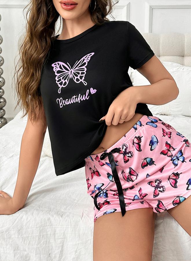 Take Two Black Butterfly Print T-Shirt and Shorts Set - Image 1