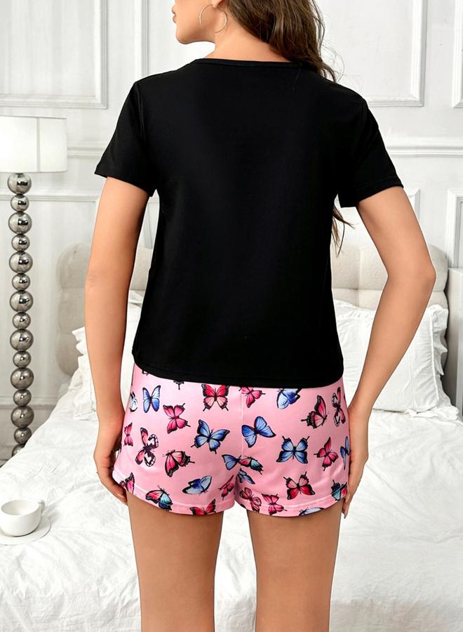 Take Two Black Butterfly Print T-Shirt and Shorts Set - Image 4